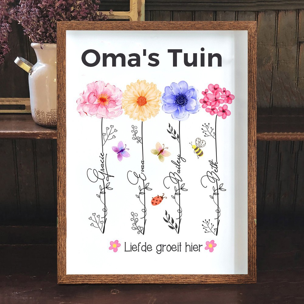 Gepersonaliseerde aquarel kunstprint Oma's tuin Geboortebloem lijst Naamplaat Cadeau voor mama oma Uniek Moederdag cadeau