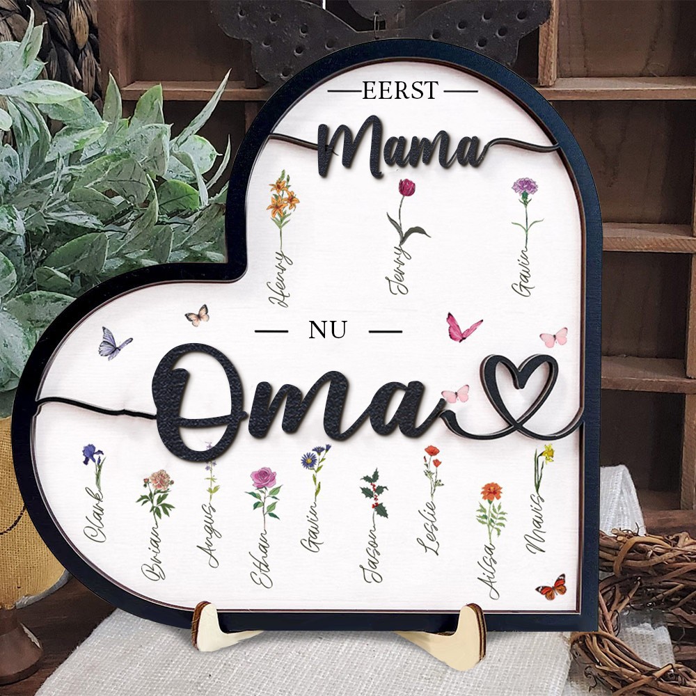Gepersonaliseerd houten geboortebord met bloemenprint, eerste moeder, nu oma, met kindernamen, uniek verjaardagscadeau voor moeder, oma, cadeau-ideeën voor Moederdag, zwangerschapscadeau voor moeder