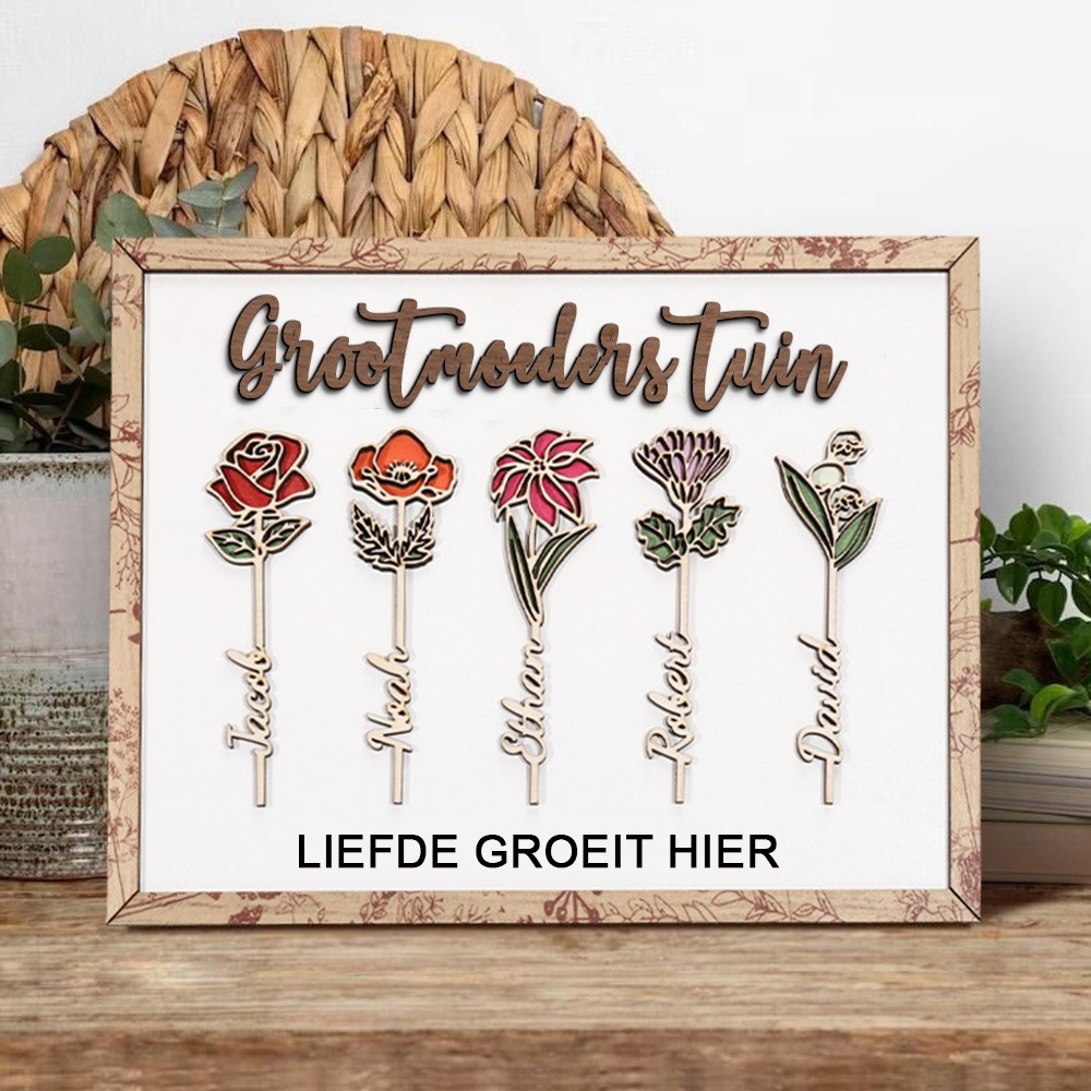Gepersonaliseerde oma's tuin, liefde groeit hier, geboortebloembord met kindernamen, houten frame, uniek cadeau voor moeder, oma, Moederdag cadeau-ideeën