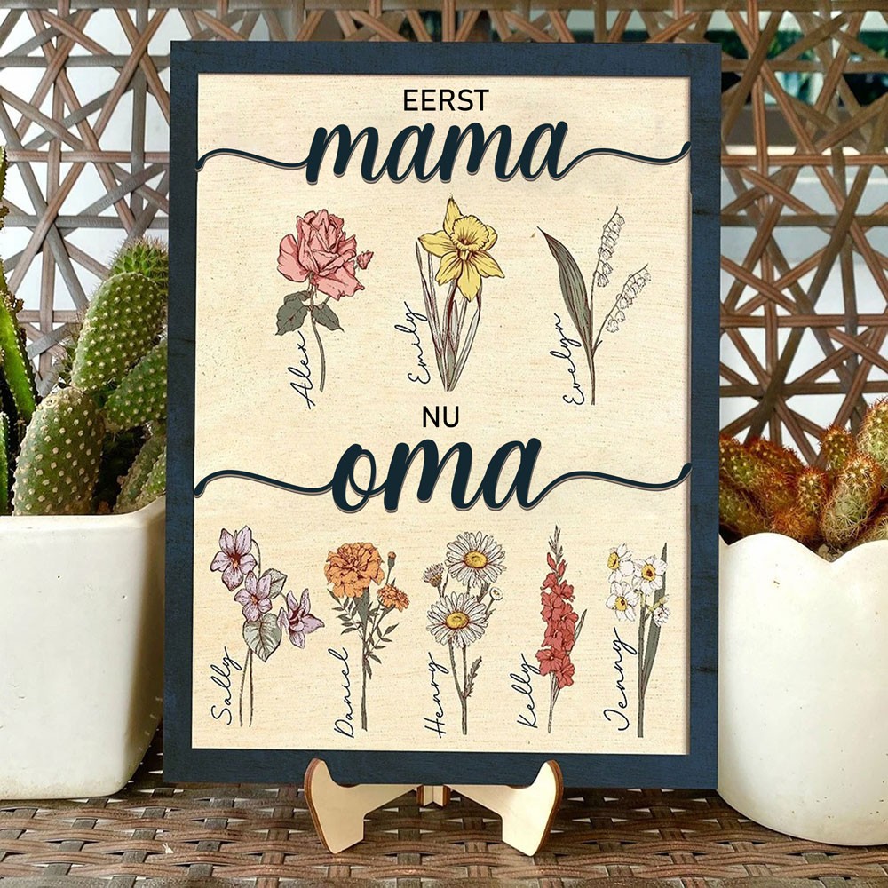 Gepersonaliseerde eerste moeder, nu oma, aangepaste geboortemaand bloemenlijst, familiebord met namen, uniek plaquette cadeau voor moeder en oma, Moederdag cadeau-ideeën