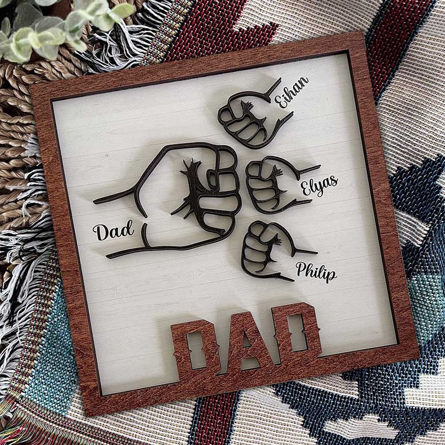 Gepersonaliseerd vader vuist stoot houten frame bord met namen betekenisvol cadeau unieke vaderdag cadeau ideeën