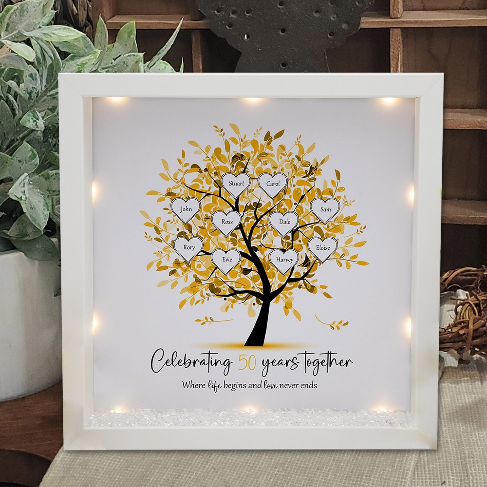 Gepersonaliseerde viering van 50 jaar samen Familieboom Lichtgevende lamp Frame met namen van kinderen Kerstcadeau-ideeën
