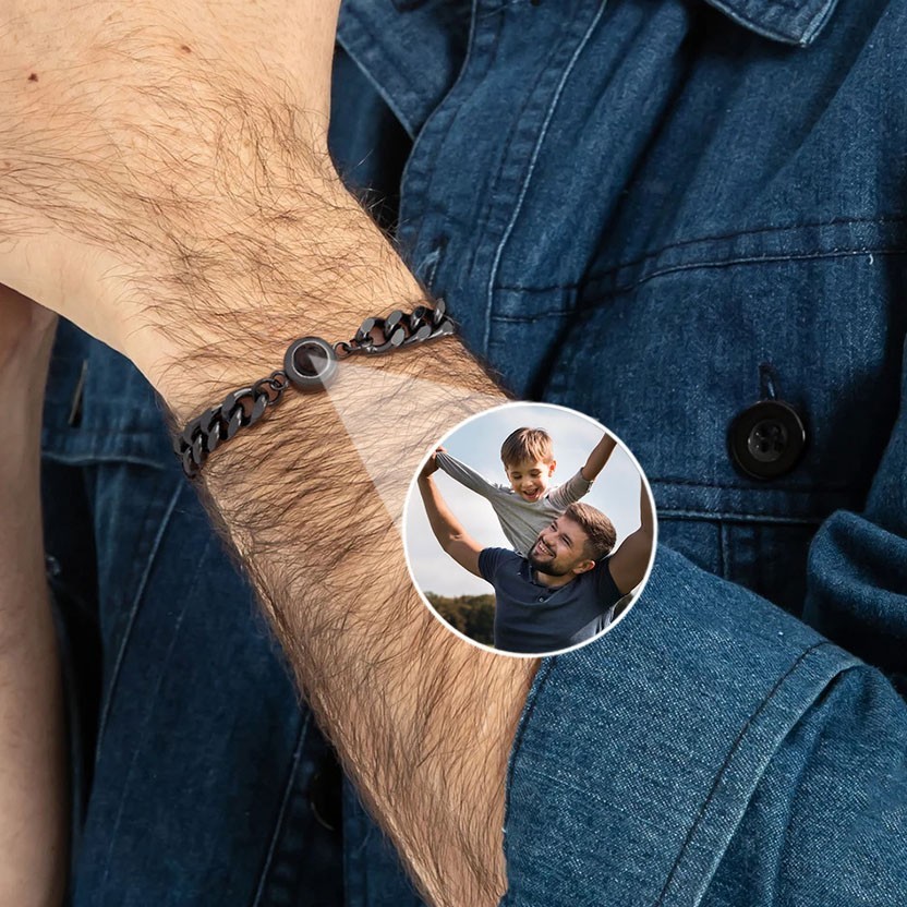 Gepersonaliseerde mannen fotoprojectiearmband met afbeelding binnenin Familie cadeau Unieke cadeau-ideeën voor vader