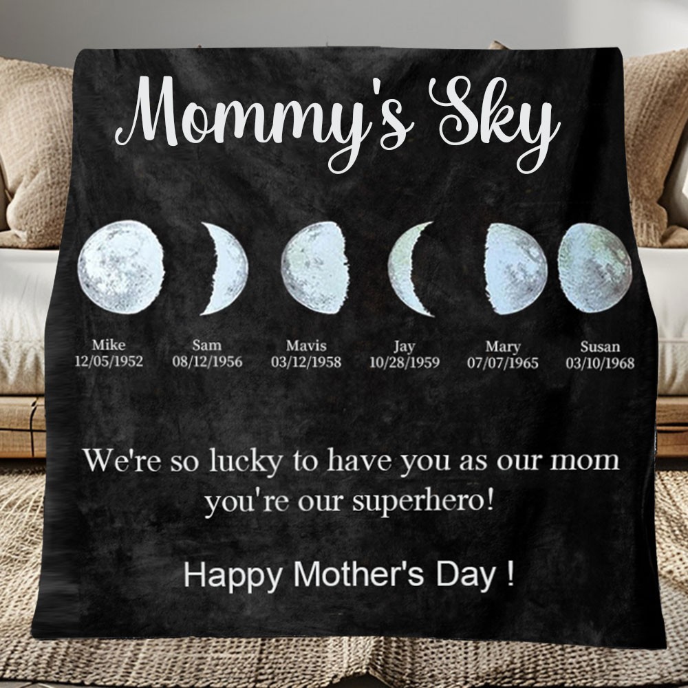 Mommy's Sky Gepersonaliseerd met kindernamen Maanfase deken Doordacht cadeau voor mama Unieke ideeën voor Moederdag cadeaus