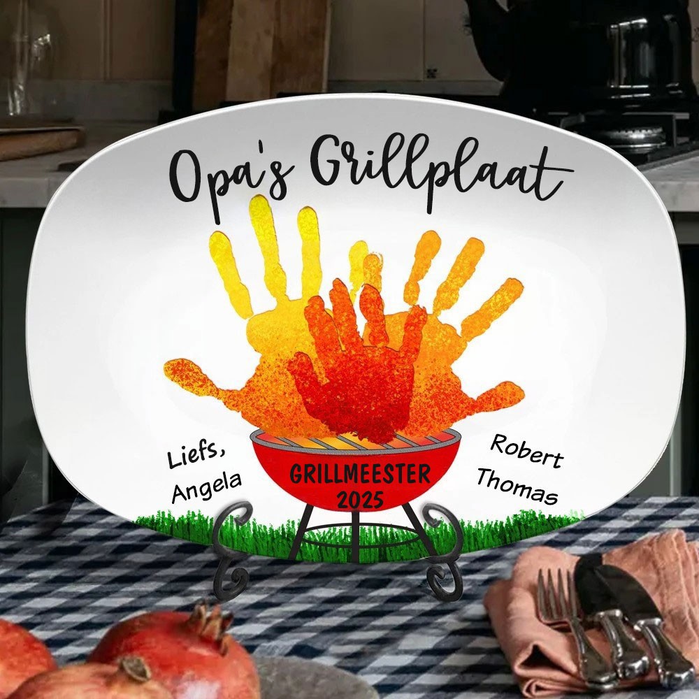 Gepersonaliseerde opa-handafdruk BBQ-schaal met naam van het kind, uniek Vaderdagcadeau voor vader of opa als familiedinercadeau