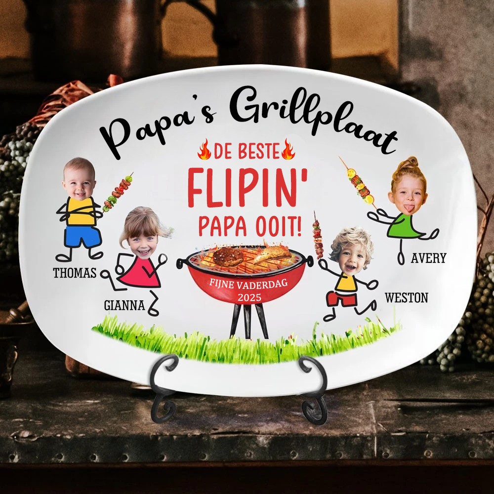 Gepersonaliseerde barbecueplaat voor vaders, bedrukt met de namen van de kinderen en foto's van hun hoofd, de beste vaderschotel ooit, een attent Vaderdagcadeau voor vaders