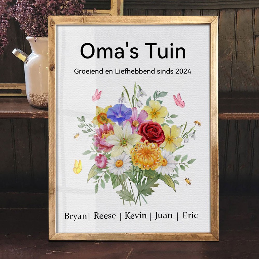 Gepersonaliseerde Aquarel Print "Oma's Tuin" Geboekte Boeket Bloemenlijst Houten Naam Bord Unieke Cadeaus voor Moeder Grootmoeder Moederdag Cadeau Ideeën