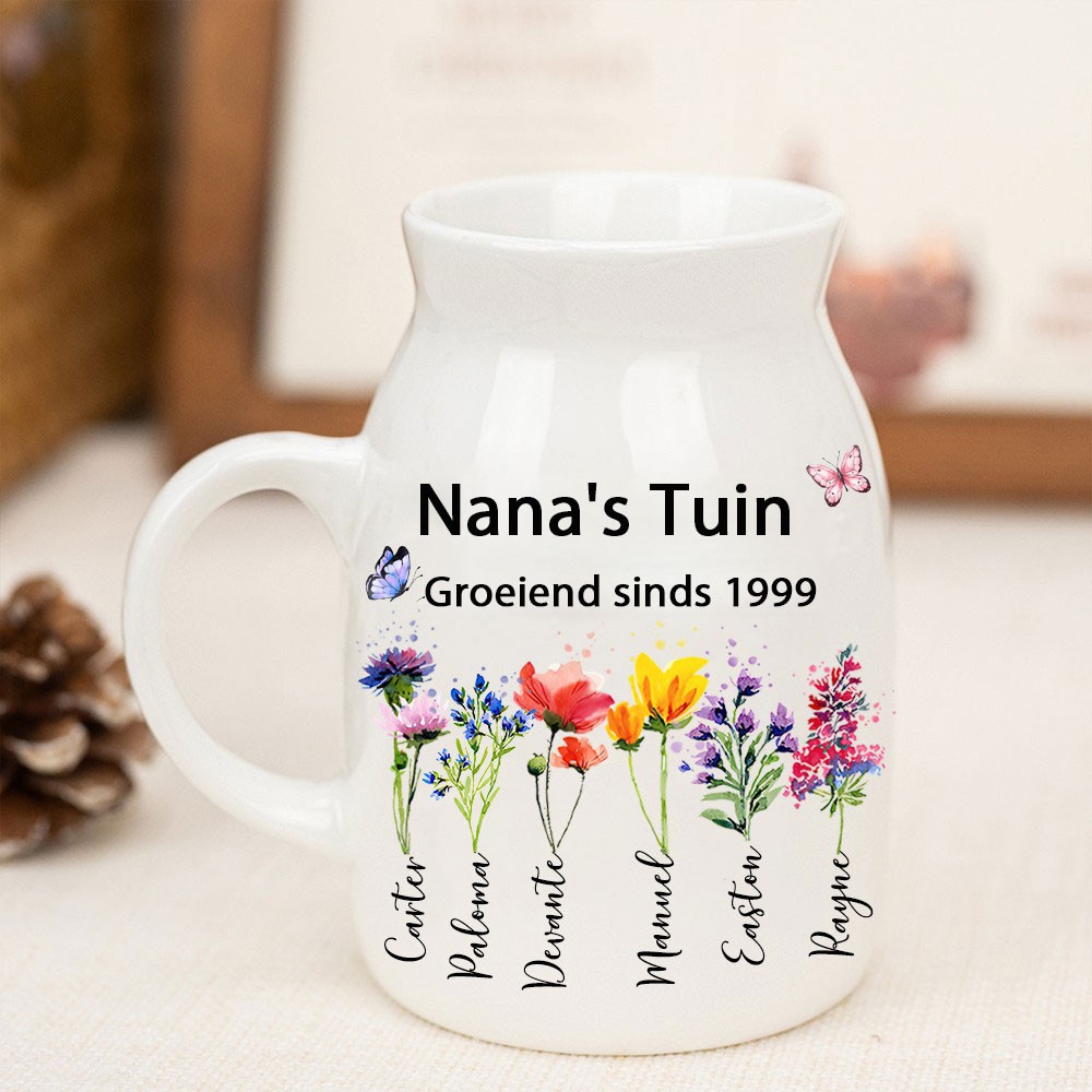 Gepersonaliseerde Nana's Tuin geboortebloemvaas met namen van kleinkinderen. Familiegeschenk als aandenken. Verjaardagscadeau voor moeder en oma. Unieke cadeau-ideeën voor Moederdag.