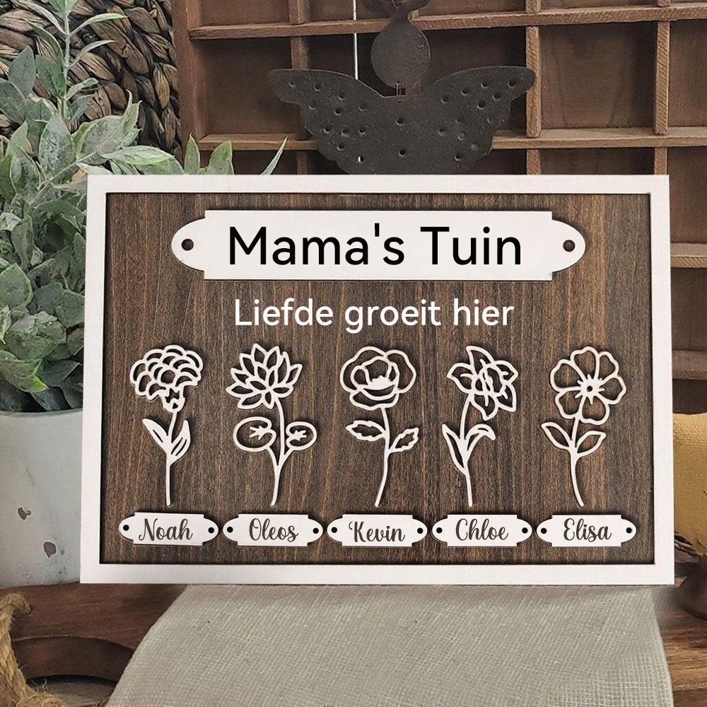 Gepersonaliseerd Mama's Tuin Geboortebloem Lijstbord met Kindernamen Uniek Houten Cadeau voor Moeder, Oma - Verjaardagscadeau, Moederdagcadeau-ideeën