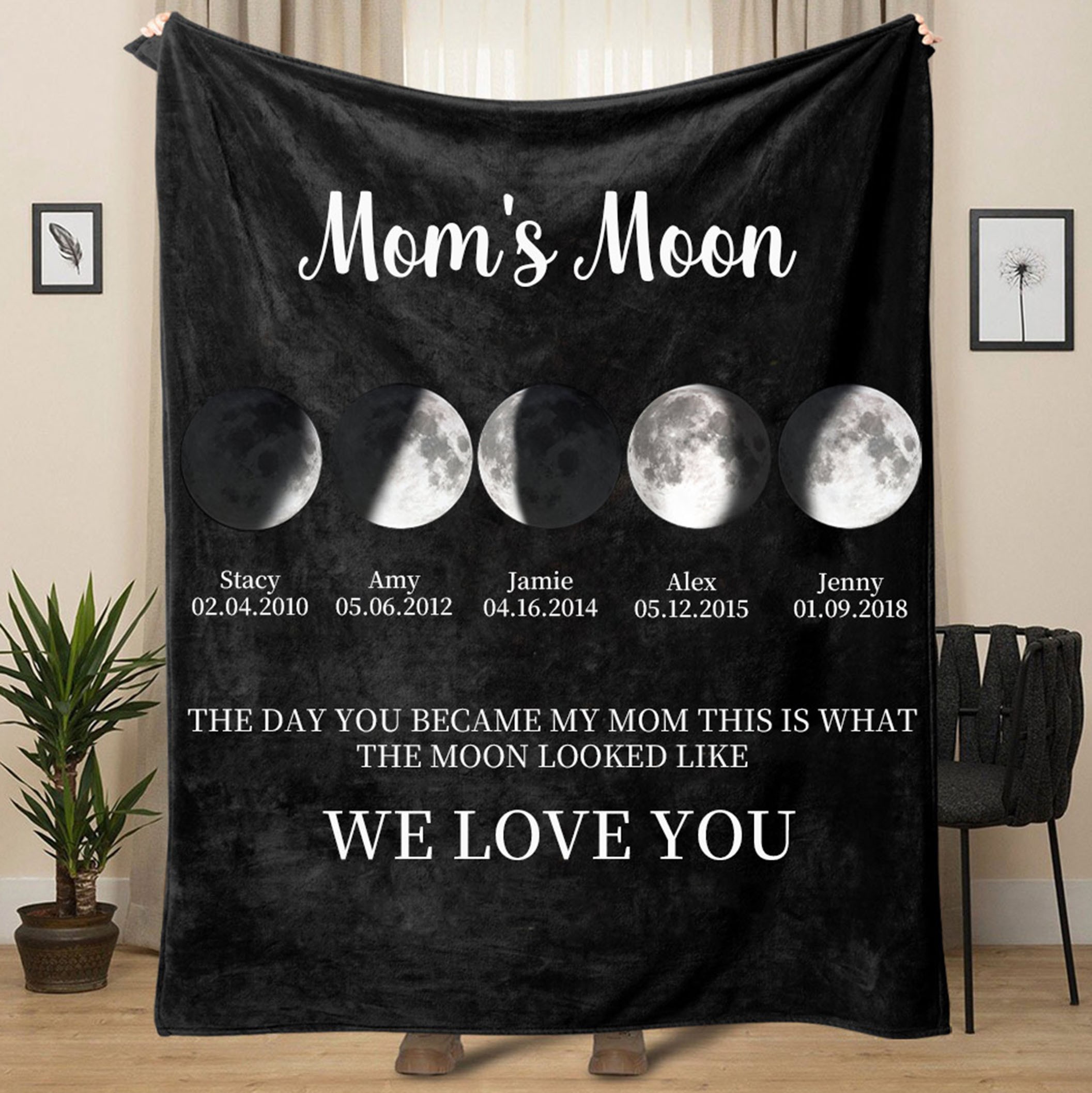 Aangepaste Mom's Moon Moon Phase-deken met namen van kinderen Uniek aandenken voor mama Perfecte ideeën voor Moederdagcadeaus