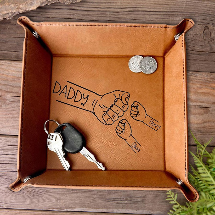 Gepersonaliseerde gegraveerde vuistbump leren valet tray cadeaus voor papa opa kerstcadeau voor hem nieuw vader cadeau