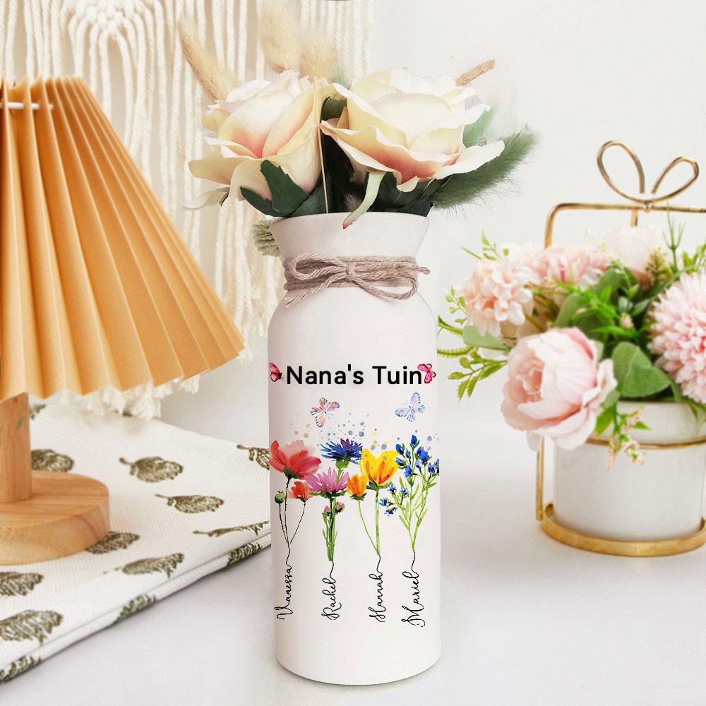 Gepersonaliseerde nana's tuin kunstprint, geboortebloemvaas met namen van kleinkinderen, verjaardagscadeau, uniek familiecadeau voor binnen voor moeder, oma, Moederdagcadeaus