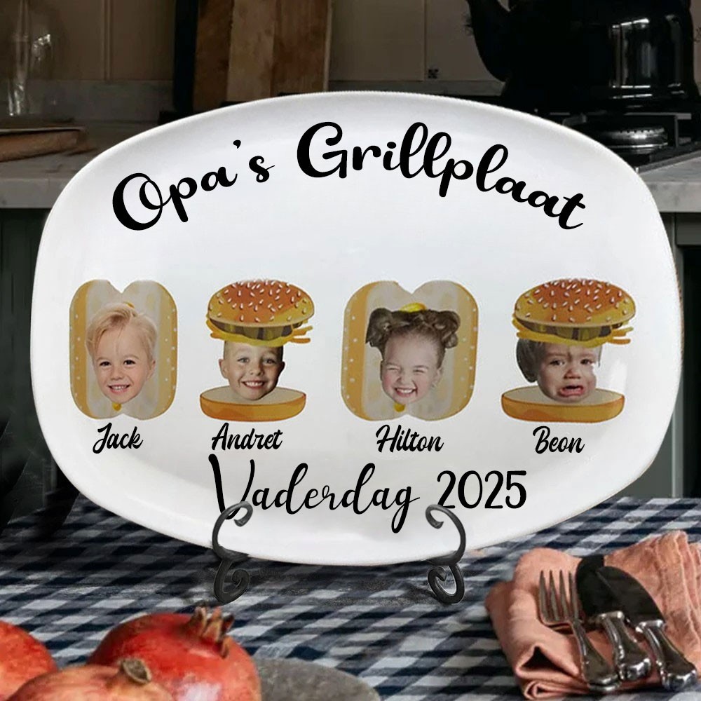 Gepersonaliseerde kunstprint met een schattige portretfoto van een groot hoofd van kinderen op een bakplaat voor opa met naam, perfect cadeau-idee voor Vaderdag voor opa of vader, uniek familiecadeau