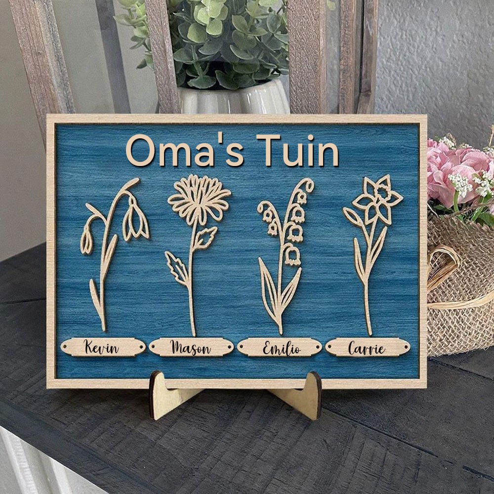 Gepersonaliseerd Houten Oma's Tuin Geboortemaand Bloemen Houten Lijstje met Namen Kleinkinderen Familiecadeaus voor Moeder Oma Unieke Moederdag Cadeau-ideeën