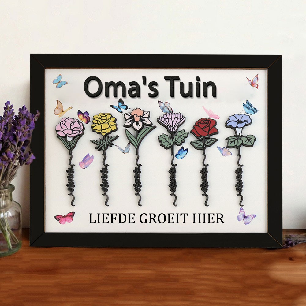 Gepersonaliseerd Houten Oma's Tuin "Liefde Groeit Hier" Geboortebloem Fotolijst Met Namen Kleinkinderen - Cadeaus Voor Mama Oma - Unieke Moederdag Cadeau Ideeën