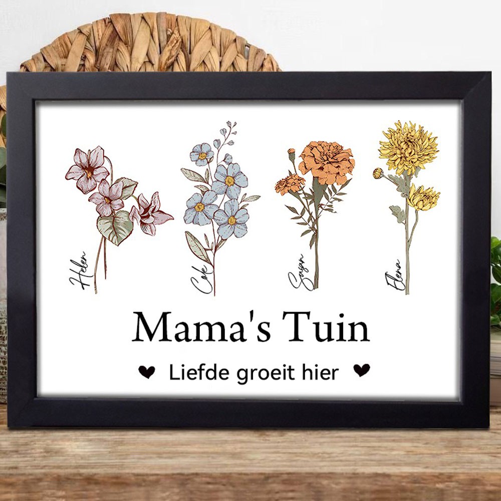 Gepersonaliseerde Kunstprint Mama's Tuin Geboortemaand Bloemen Houten Naamlijst Bord Met KinderNamen Uniek Verjaardagscadeau Familiecadeau voor Mama Oma Moederdagcadeau
