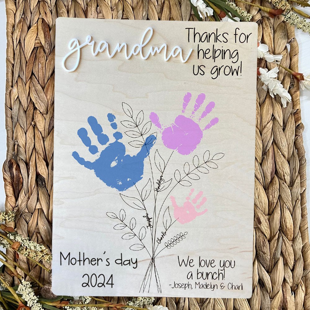 Oma bedankt voor het helpen groeien Gepersonaliseerd boeket bloemen DIY handafdruk houten bord herinneringscadeau voor moeder oma