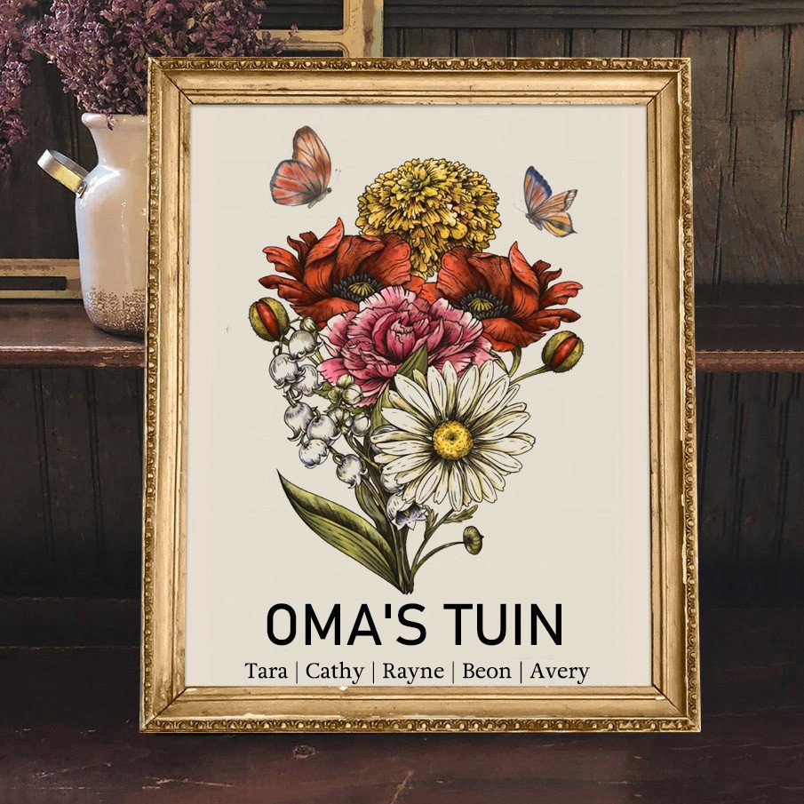 Gepersonaliseerde Kunstafdruk Geboortemaand Boeket Lijst Teken Oma's Tuin met Kleinkindernamen Verjaardagscadeaus voor Mama Oma Uniek Kerstcadeau
