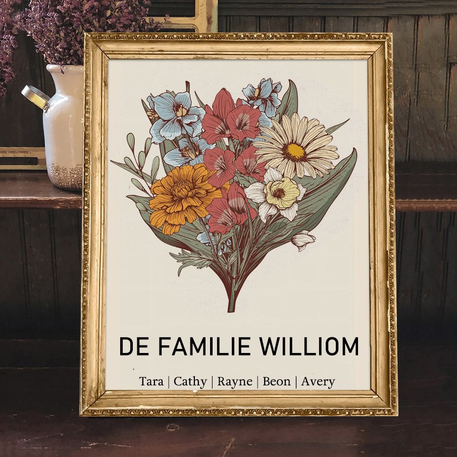 Gepersonaliseerde Waterverf De Familie Smith Geboortebloem Boeket Lijst Met Namen Unieke Kunstprint Cadeaus Voor Moeder Oma Kerstcadeaus