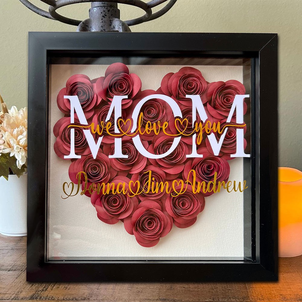 Gepersonaliseerde hartvormige Mom We Love You Flower Shadow Box met kindernamen Uniek cadeau voor mama en oma Kerstcadeaus