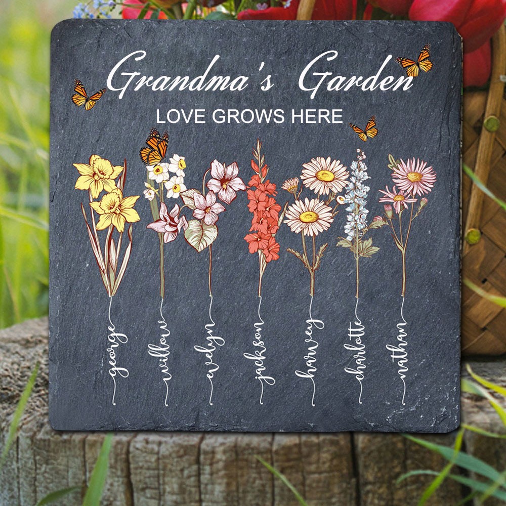 Gepersonaliseerde oma's tuin Liefde groeit hier Geboortebloemplaquette met namen van kleinkinderen Uniek cadeau voor moeder Oma Kerstcadeau