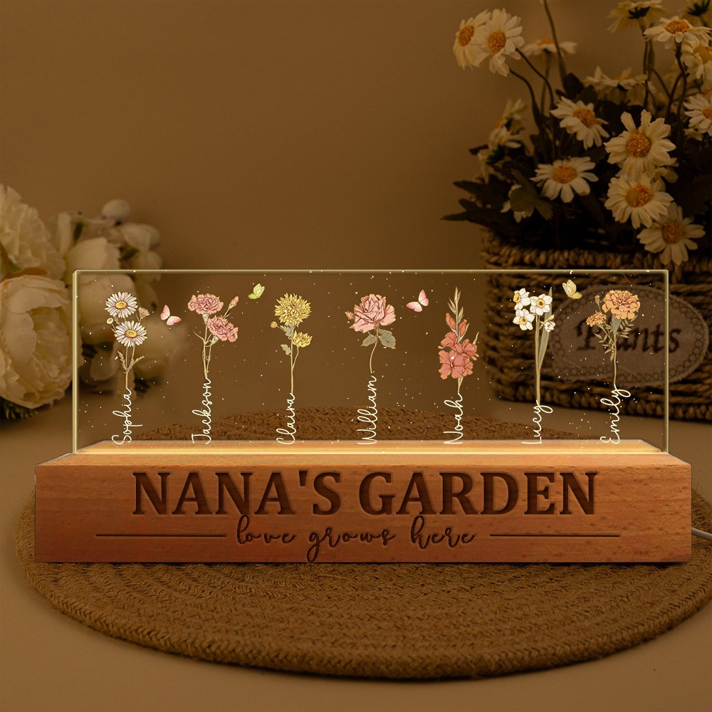  Gepersonaliseerde Nana's Garden Love Grows Here Geboortebloem Houten Nachtlampje Kerstcadeaus voor mama en oma