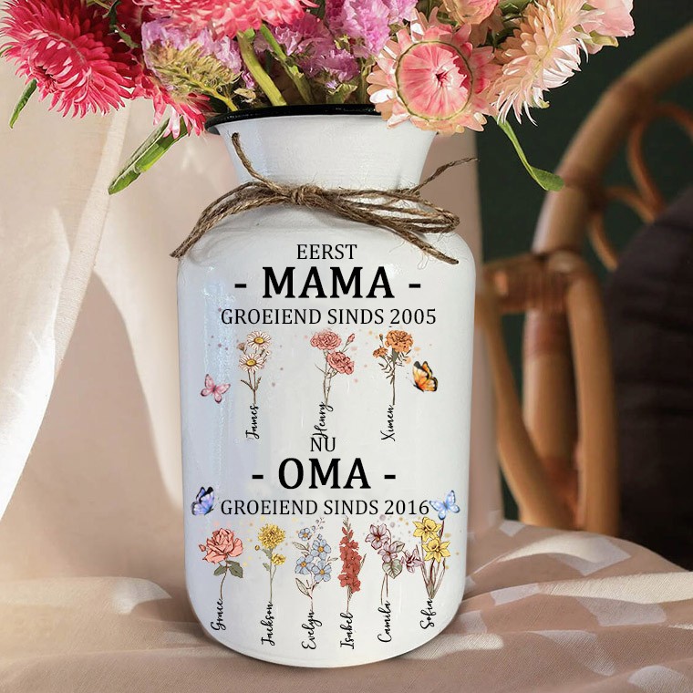 Gepersonaliseerde Vaas 'Eerst Mama, nu Oma' | Met Geboortebloemen & Namen van Kleinkinderen | Uniek Moederdagcadeau