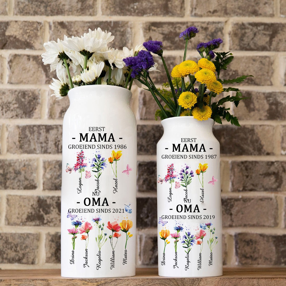 Gepersonaliseerde Poster 'Eerst Mama, nu Oma' - Geboortebloemen Familievase met Namen | Uniek Moederdag Cadeau