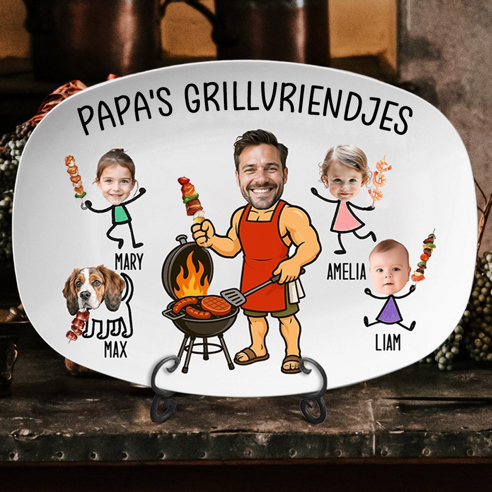 Gepersonaliseerde BBQ-schaal voor vaders met portret en namen. Grappige keukencadeaus voor vaders. Unieke cadeau-ideeën voor Vaderdag.