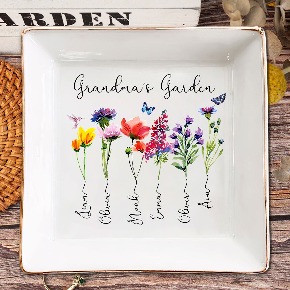 Gepersonaliseerde oma's tuin geboortebloem sieraden schaal met kindernamen kerstcadeau voor moeder oma