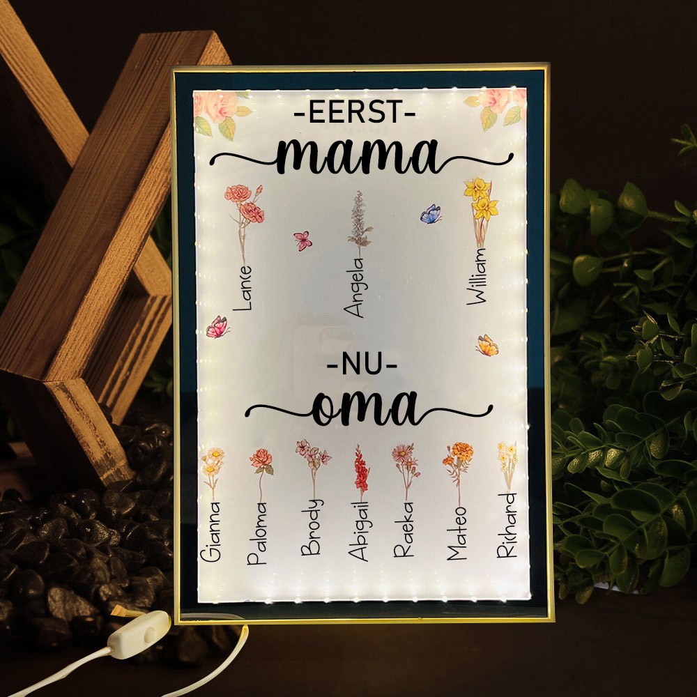 Gepersonaliseerde "Eerst Mama, Nu Oma" Geboortebloem Lamp - Aangepast Nachtlampje met Namen van Kinderen - Uniek Cadeau voor Mama & Oma - Perfect Moederdag Cadeau