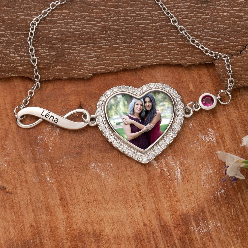 Gepersonaliseerde Infinity Foto Naam Armband met Geboortesteen Moederdag Cadeau