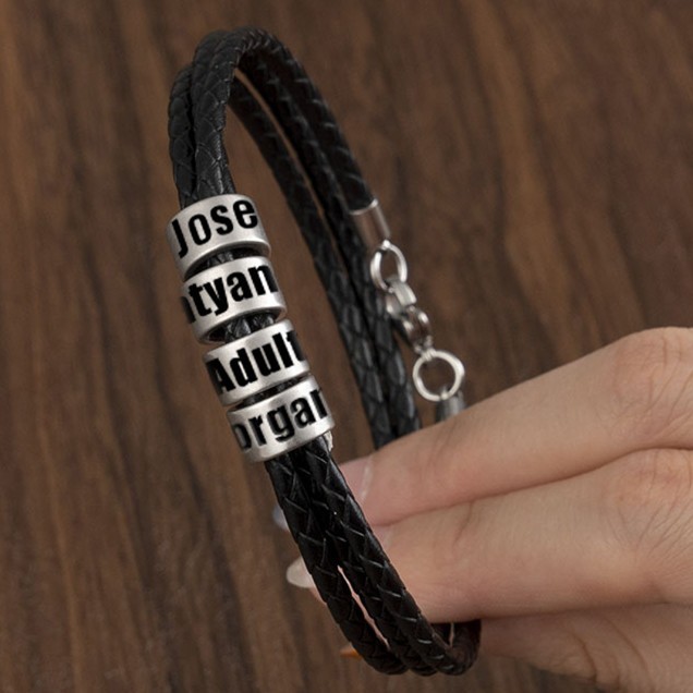 Gepersonaliseerde gevlochten leren armband met kindernamen Vaderdagcadeau
