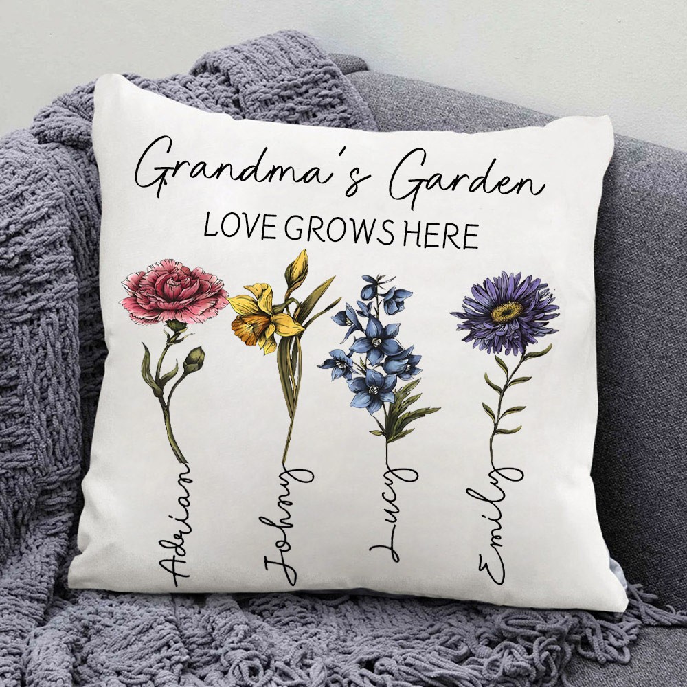 Gepersonaliseerd Love Grows Here Geboortebloemkussen voor Nana Mom