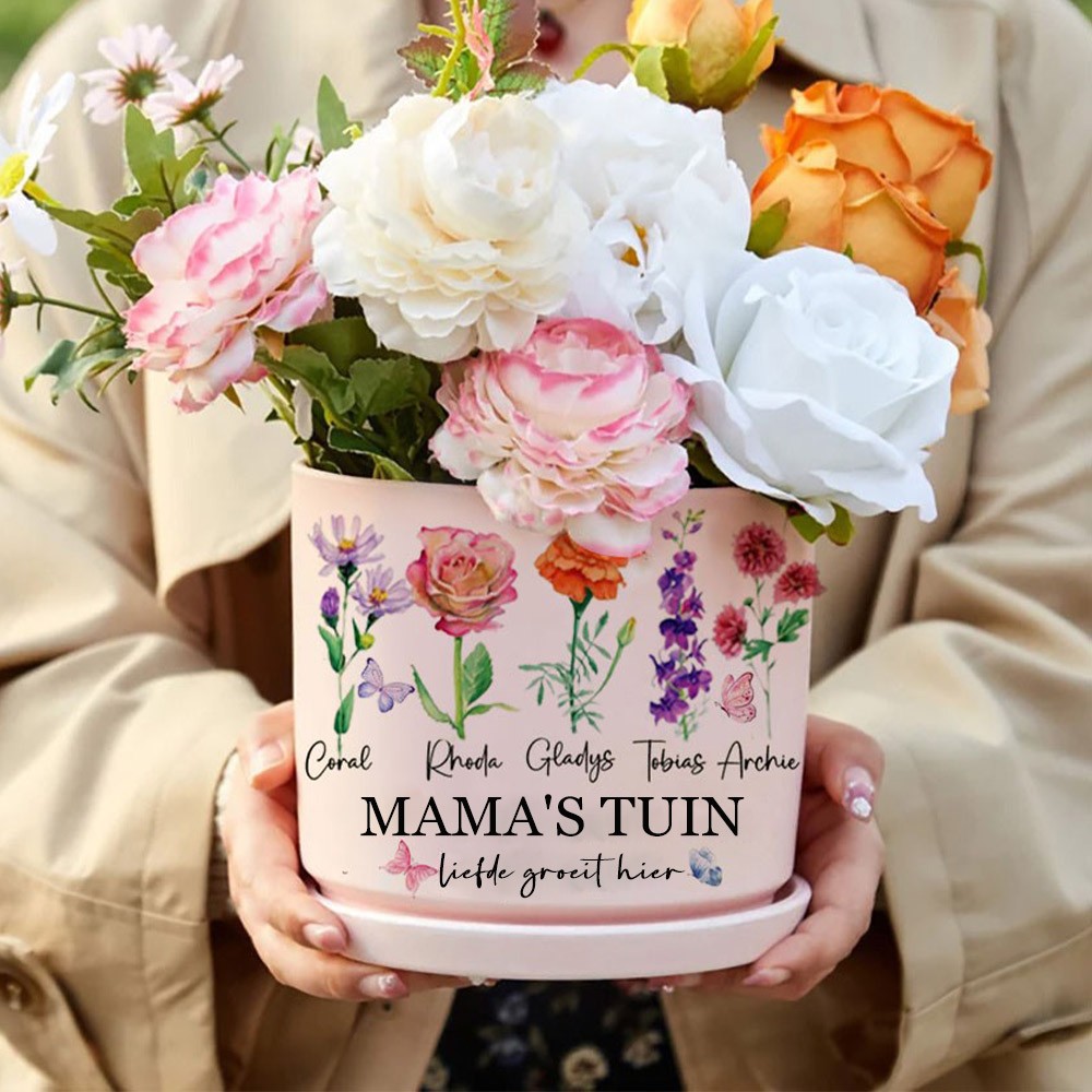 Gepersonaliseerde oma's tuin geboorte bloempot met namen cadeaus Moederdag cadeau Kerstcadeau