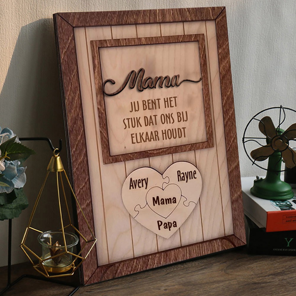Gepersonaliseerde houten familiepuzzelstukjes in de vorm van een hart met de namen van de kinderen Het beste verjaardagscadeau voor mama, oma, ideeën voor Moederdagcadeaus, zwangerschapscadeau voor mama