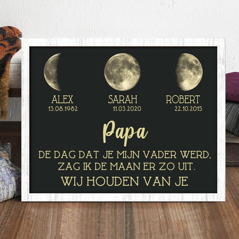 Gepersonaliseerde kunstdruk met houten maanfaseframe, familiebord met kindernamen, unieke familiecadeaus, cadeau-ideeën voor Vaderdag