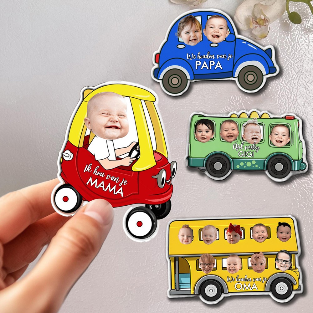 Persoonlijk cadeau voor Vaderdag, op maat gemaakte auto-magneet met babypopgezicht als cadeau voor papa, grappige foto van rijden met magneet, uniek cadeau voor nieuwe opa.