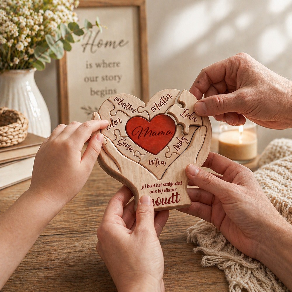 Gepersonaliseerde houten puzzel voor Moederdag, bordje met de tekst "Jij bent het stukje dat ons samenbindt", gepersonaliseerd cadeau voor mama van kind, bedrukte familiepuzzel