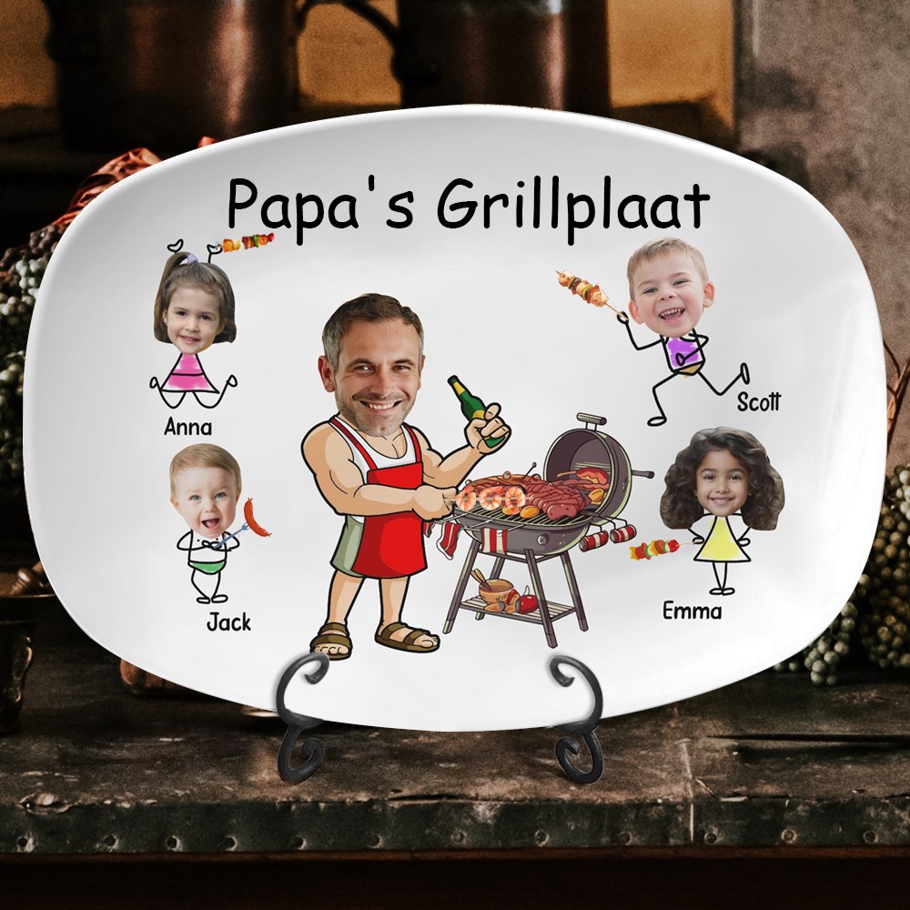 Gepersonaliseerde grillplaat voor papa met de namen van de kinderen. Gepersonaliseerde grillplaat met portret. Grappige BBQ-schotel voor in de familiekeuken. Cadeau voor papa. Verjaardagscadeaus. Unieke cadeau-ideeën voor Vaderdag.
