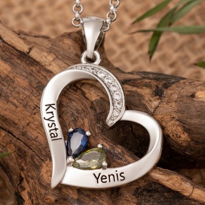 Gepersonaliseerde hartvormige ketting met 2 namen en geboortestenen Cadeau-ideeën voor koppels Cadeaus voor vrouw en vriendin