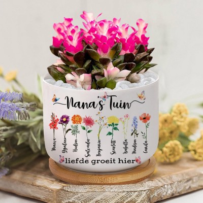 Gepersonaliseerde oma's tuin geboorte bloempot met namen cadeaus Moederdag cadeau Kerstcadeau