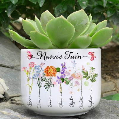 Gepersonaliseerde kunstprint: Nana's Garden Geboortebloem, Vetplantpot met namen van kleinkinderen Gepersonaliseerde cadeaus voor oma en moeder Moederdag cadeau-ideeën