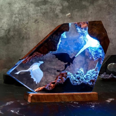 Handgemaakte Vliegende Draak Hars en Hout Lamp, Uniek Cadeau voor een Stel, Kerstcadeau-ideeën