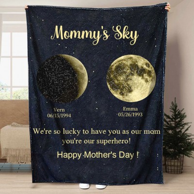 Aangepaste Mommy's Sky Moon Phase-deken met datum Familie-aandenkencadeaus voor moeder Moederdagcadeaus