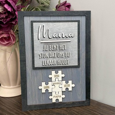 Gepersonaliseerde houten puzzelstukjes voor mama op het bureau, plaquette met de namen van de kinderen, uniek cadeau voor mama, oma, babyshowercadeau, ideeën voor Moederdagcadeaus