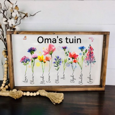 Gepersonaliseerd Oma's Tuin Geboortebloem Bord Houten Frame met de namen van de kleinkinderen - Custom Familie Aandenken Cadeau Moederdag cadeaus