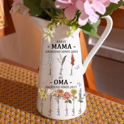 Gepersonaliseerde eerste mama, nu oma, geboortemaand bloemenvaas met kindernamen, uniek familiecadeau voor moeder, oma, Moederdag cadeau-ideeën