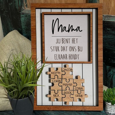 Gepersonaliseerde houten puzzelstukjes met naambordje voor mama. Uniek verjaardagscadeau voor oma. Moederdag cadeau-ideeën. Babyshower cadeau-ideeën.
