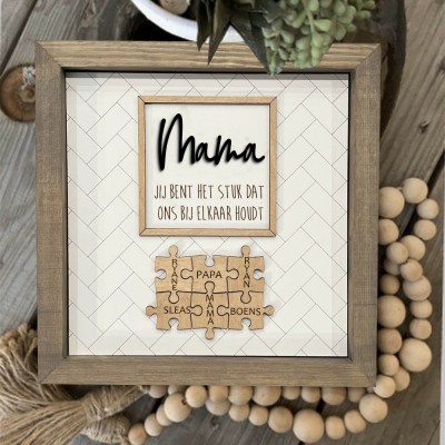 Gepersonaliseerde houten familiepuzzel met stukjes als bord, cadeau voor mama met kindernamen, uniek verjaardagscadeau voor mama, oma, Moederdag cadeau-ideeën